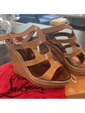 Christian Louboutin Beige Patent Espadrille Wedge Sandals